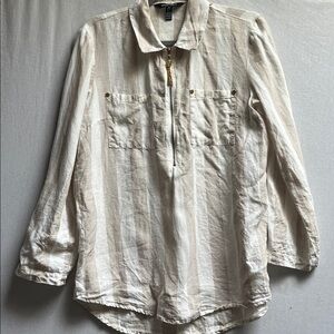 Ellen Tracy 100% Striped Linen-Blend 1/2 zip Pullover Shirt - Neutral Stripes